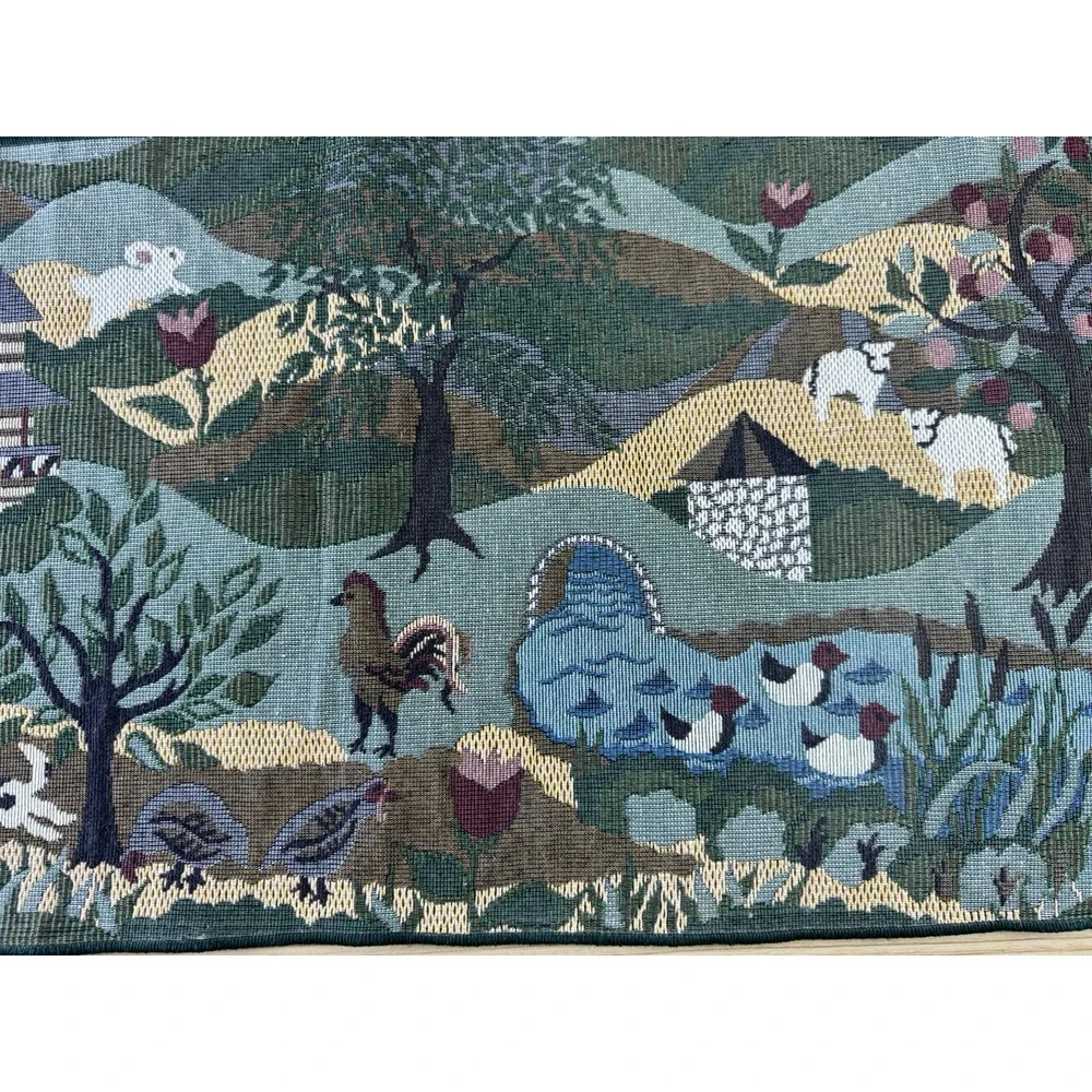 Green Tapestry Table Runner Fringed Tasseled Farm Life Animals Country 3 Pc